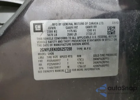 2013 Chevrolet Equinox Lt z USA, uszkodzony, nr VIN 2GNFLEEK8D6257288